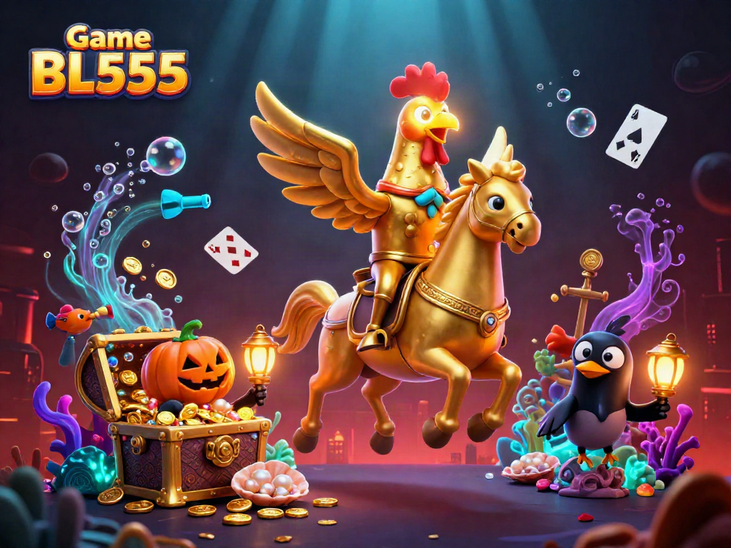 Spin to win big with Game BL555, featuring a lively animated casino scene filled with characters and colorful elements.
