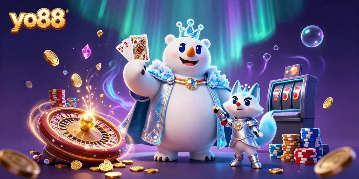 Play exciting casino games at yo88 with an ice king polar bear and snow fox amidst rolling golden coins.