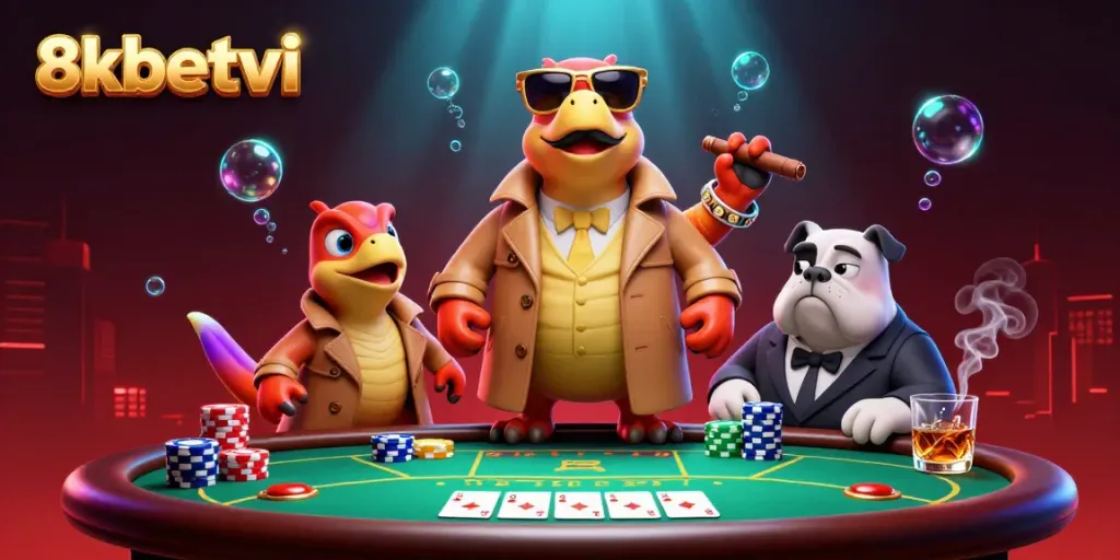Raptors in a trench coat entering VIP casino lounge while playing poker, highlighting 8xbetvi