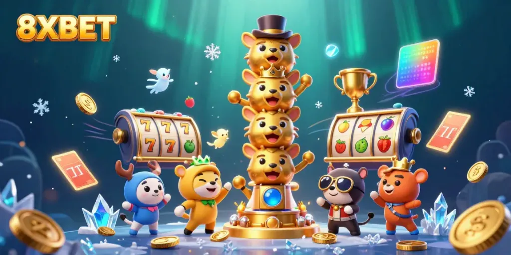 Engage with 8XBET's vibrant casino atmosphere featuring dynamic slots, golden totems, and festive elements.