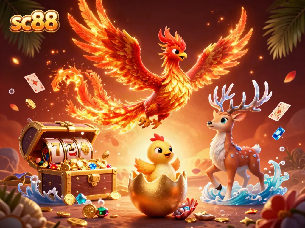 Engaging game scene showcasing sc88 slots with a vibrant phoenix and mystical stag amidst gold coins.