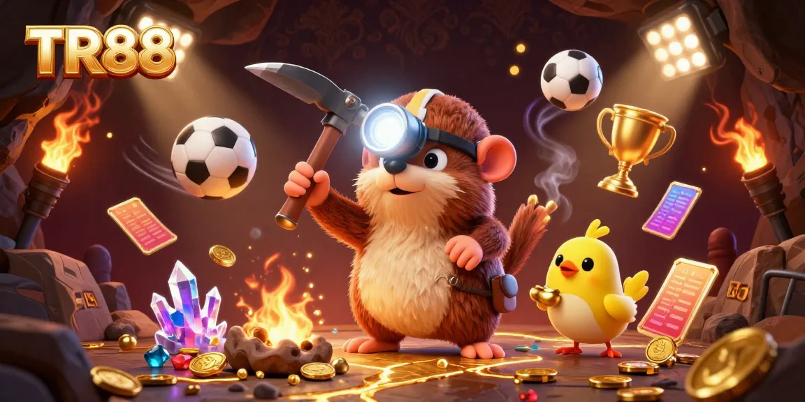 TR88 gaming illustration featuring a treasure hunter mole amidst golden mining elements and dynamic sports symbols.