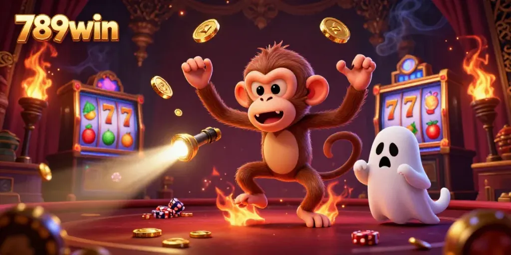 Engage with 789win's thrilling slots through a mischievous poltergeist monkey juggling gold in a haunted casino.