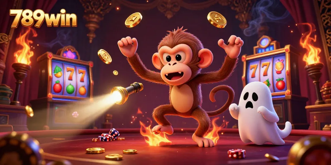 Engage with 789win's thrilling slots through a mischievous poltergeist monkey juggling gold in a haunted casino.