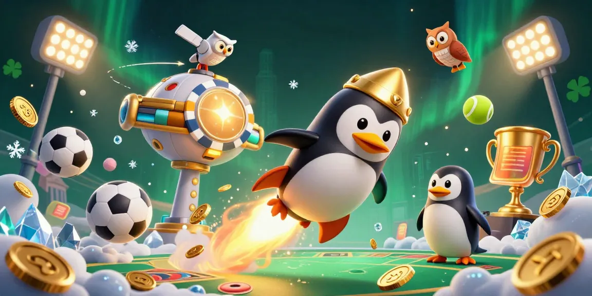 Experience excitement with e39's golden penguin racing towards a casino space station amidst sports-themed elements.