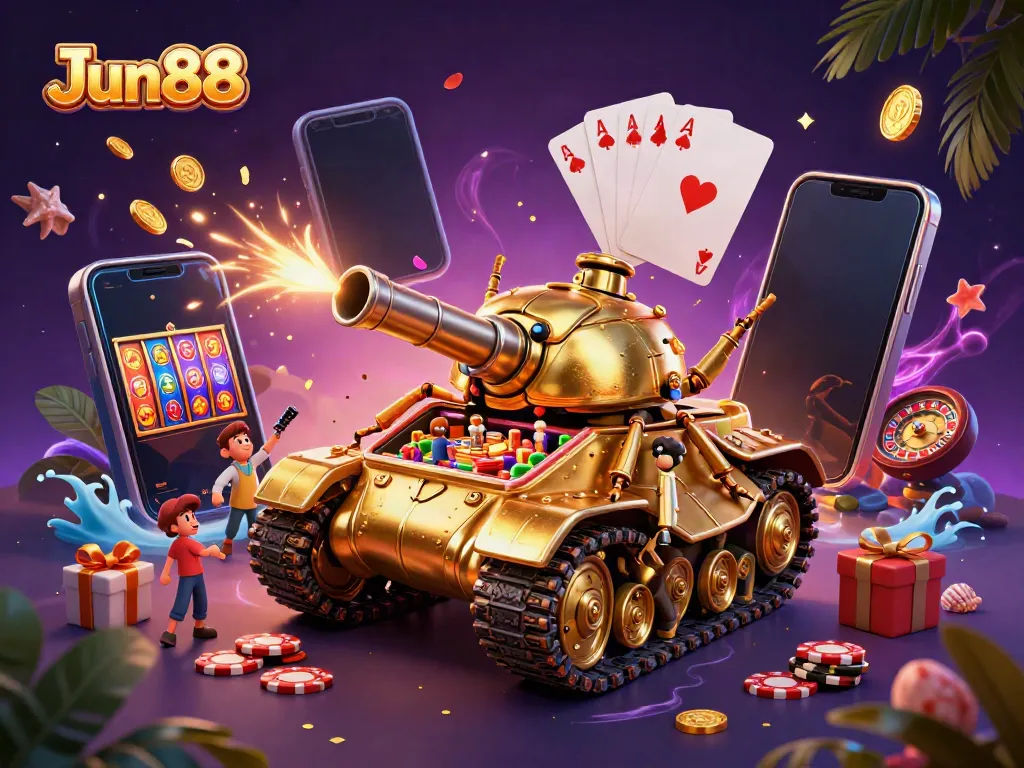 Experience Jun88's thrilling miniature casino within a golden beetle tank in this vibrant illustration.