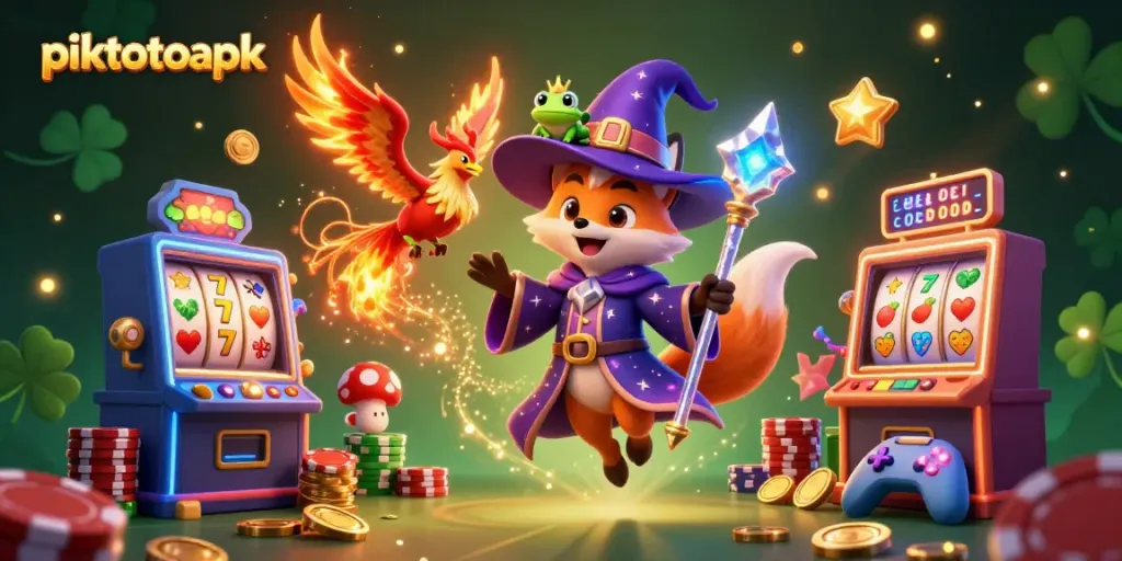 Win big with piktotoapk in a vibrant 3D casino featuring a wizard fox, phoenix, and slot machines.