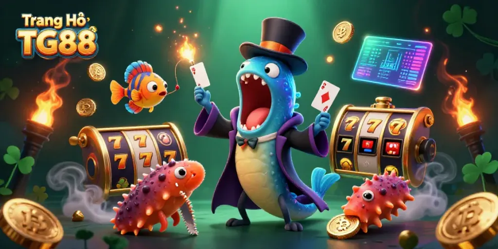 Experience the excitement of Trang Chủ TG88 with dynamic 3D casino characters performing tricks amidst vibrant gaming elements.