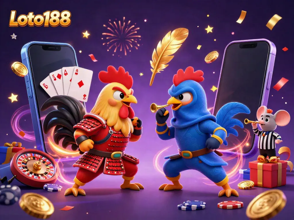 Loto188's thrilling gaming scene with fighting roosters, dynamic slot elements, and vibrant confetti.