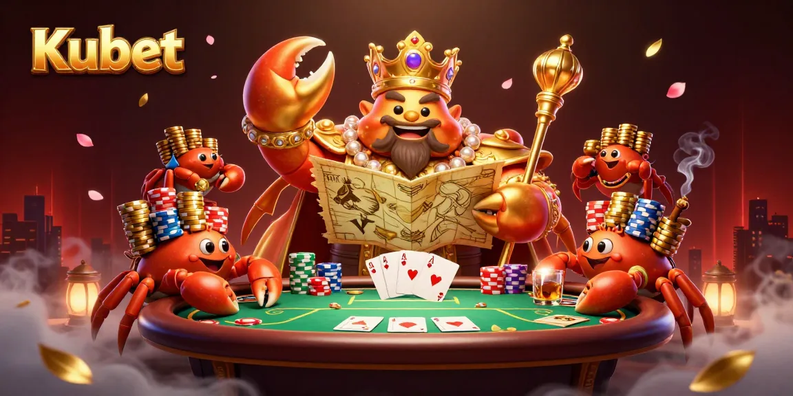 Kubet's lavish 3D illustration showcasing a golden crab emperor amid colorful poker chips and casino ambiance.