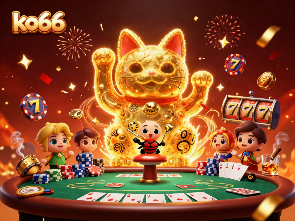 Engage with exciting ko66 casino symbols and a lucky cat in this vibrant 3D illustration.