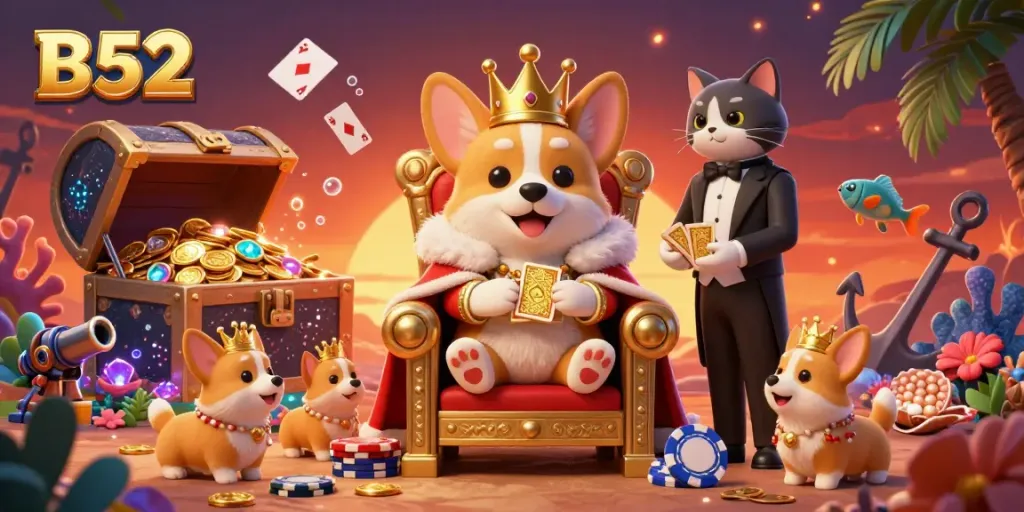 Engage with the vibrant B52 gaming scene featuring a royal corgi on a poker chip throne surrounded by glittering treasures and lively gaming elements.