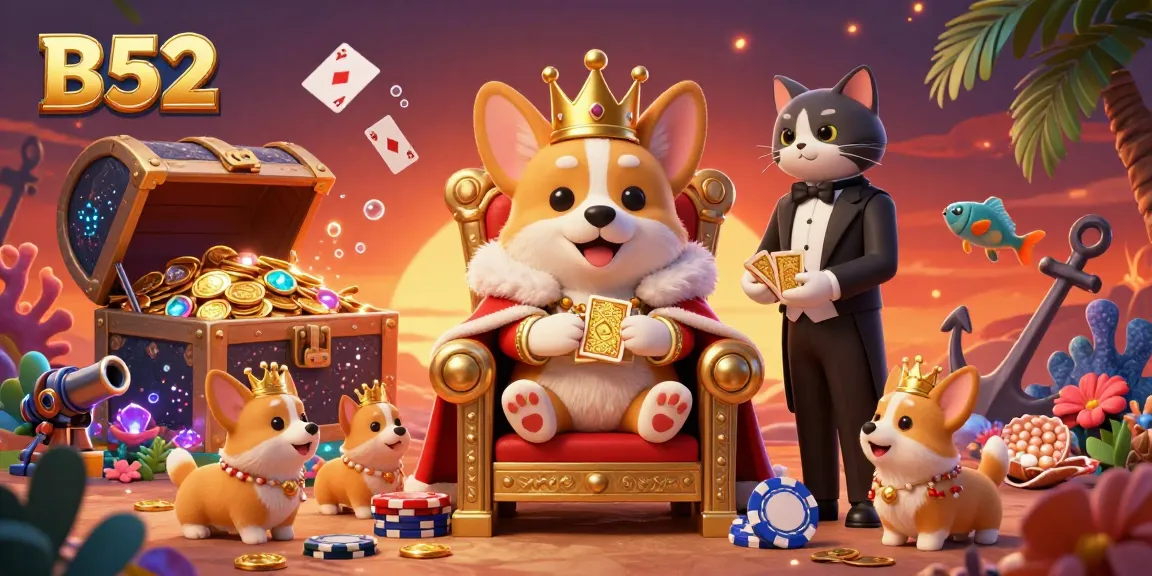 Engage with the vibrant B52 gaming scene featuring a royal corgi on a poker chip throne surrounded by glittering treasures and lively gaming elements.