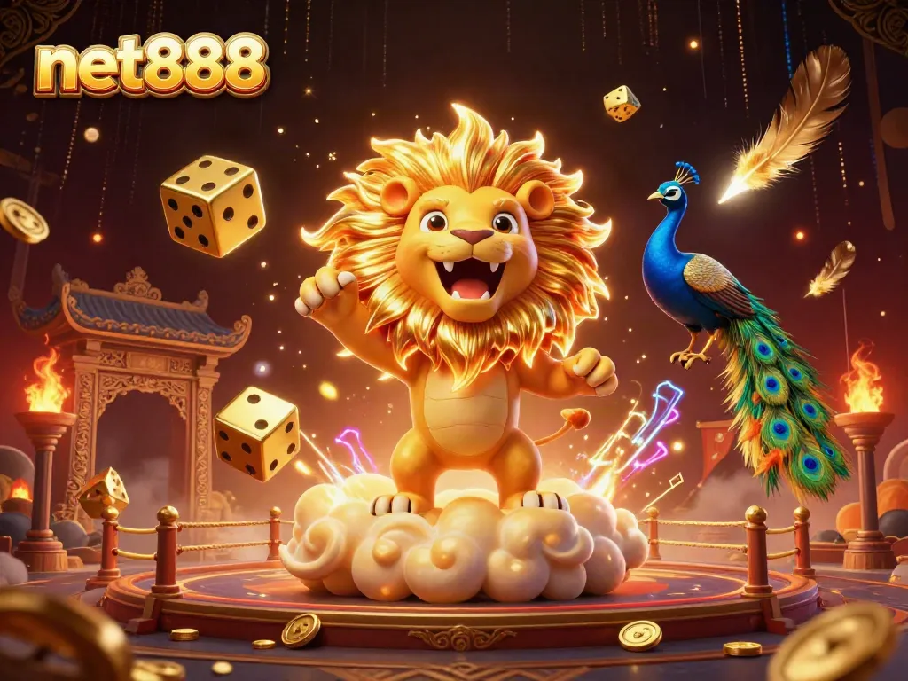 Experience thrilling gameplay at net888 with a dynamic 3D scene featuring a sun lion and golden dice.