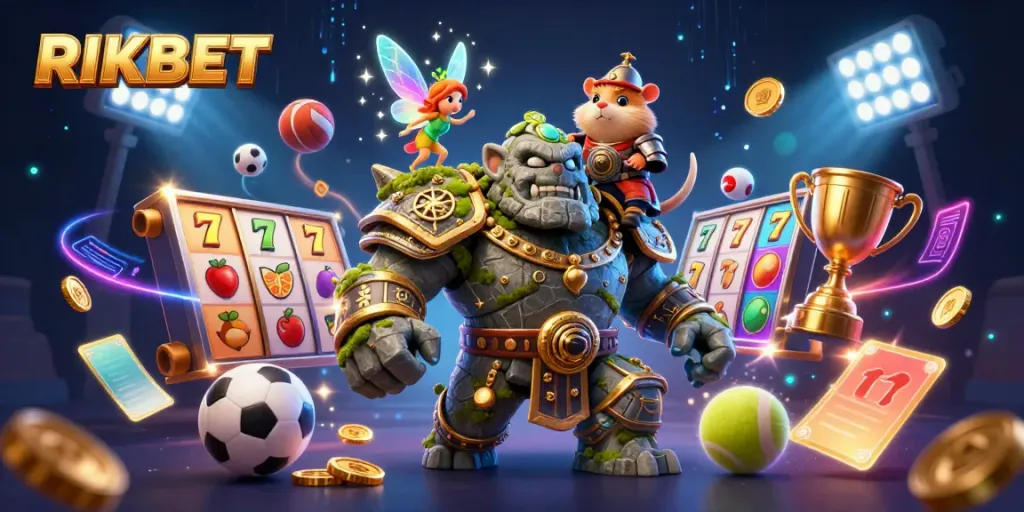 Engage with RIKBET in an exciting 3D slots adventure featuring a magical scene with a golem, fairy, and hamster knight.