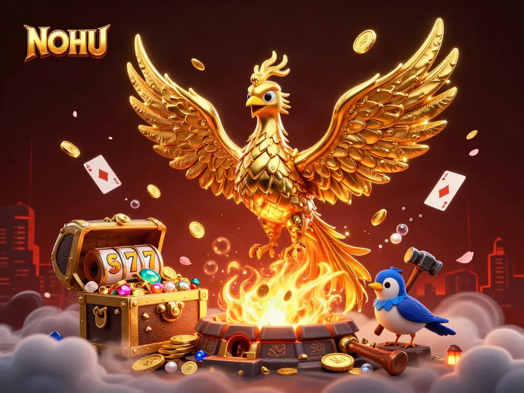 Experience the thrill of NOHU with a golden phoenix symbolizing jackpot wins amid dynamic casino elements.