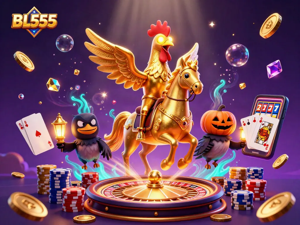 Engage in thrilling casino action at BL555 with golden rooster riding through a vibrant gaming scene.