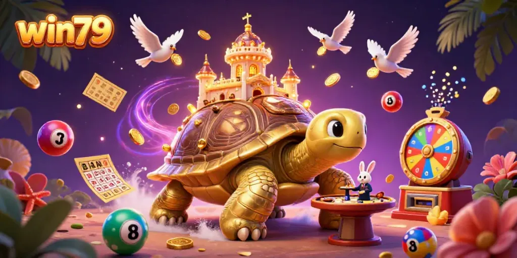 Experience engaging gameplay at win79 with a vibrant cartoon casino scene featuring a giant tortoise and dynamic game elements.
