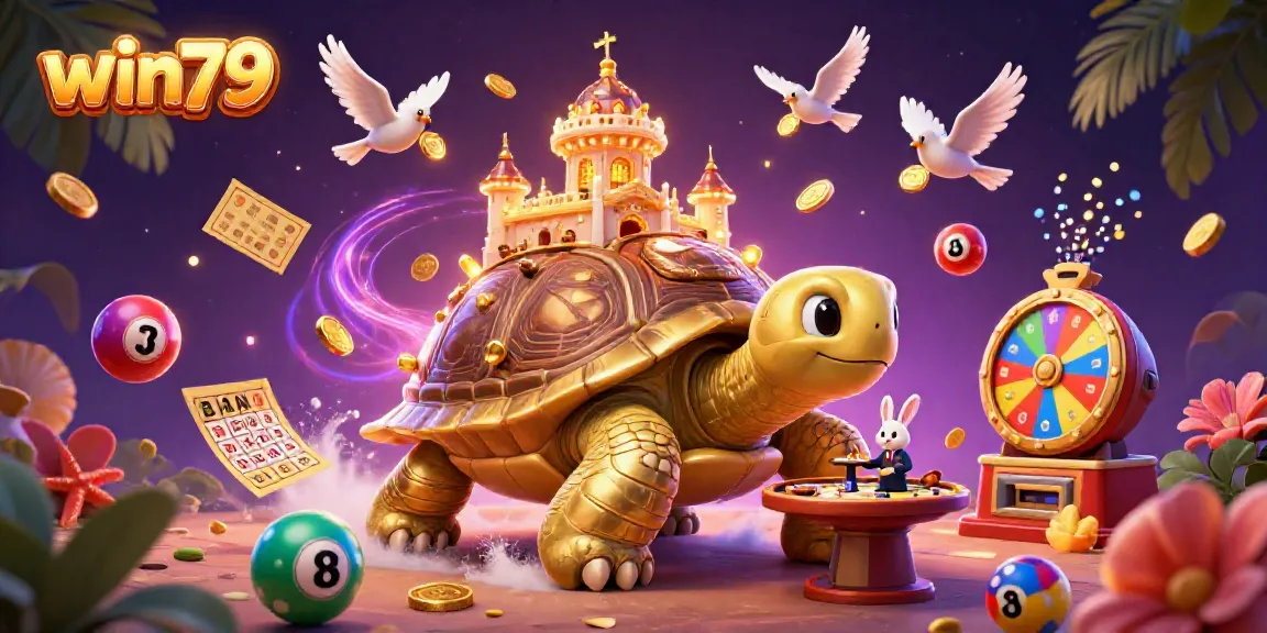 Experience engaging gameplay at win79 with a vibrant cartoon casino scene featuring a giant tortoise and dynamic game elements.