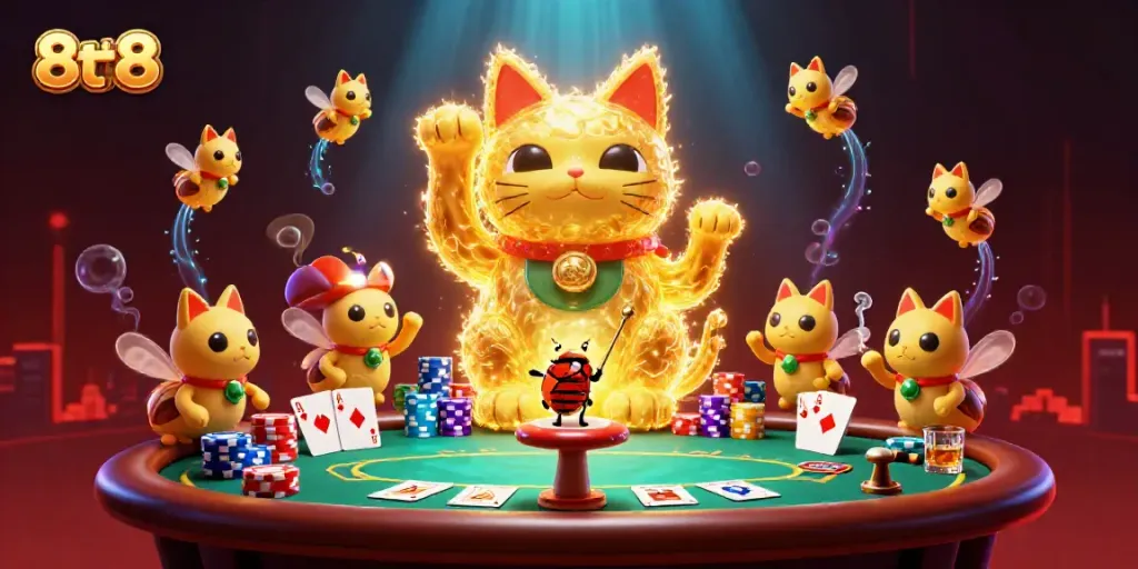 Engage with 8tt8’s vibrant casino experience featuring golden fireflies depicting a lucky cat.