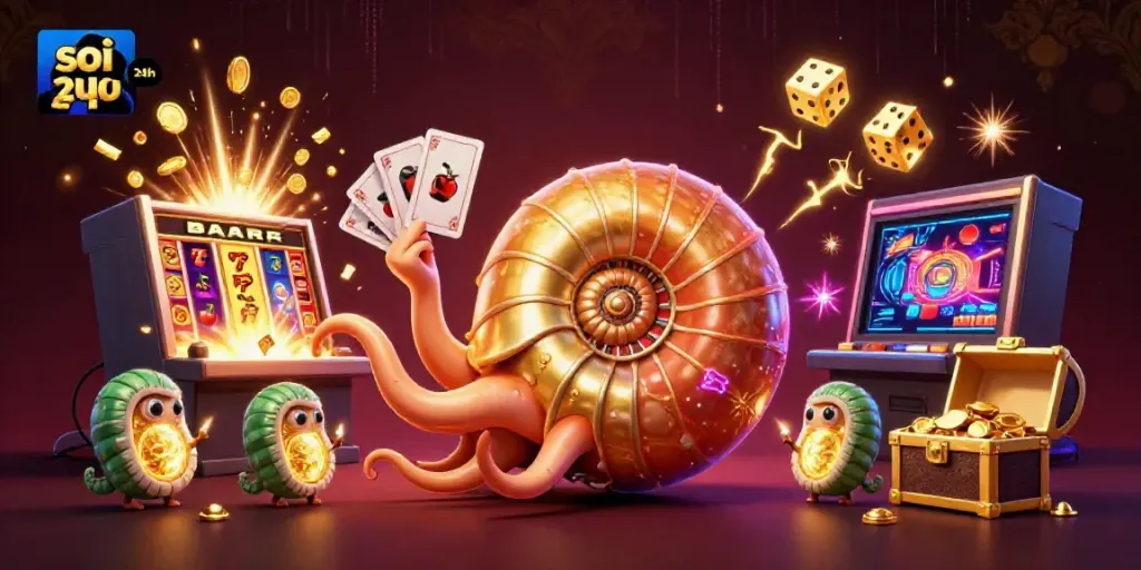 Engage with soi cầu 24h as a giant nautilus illuminates a vibrant casino scene packed with excitement.