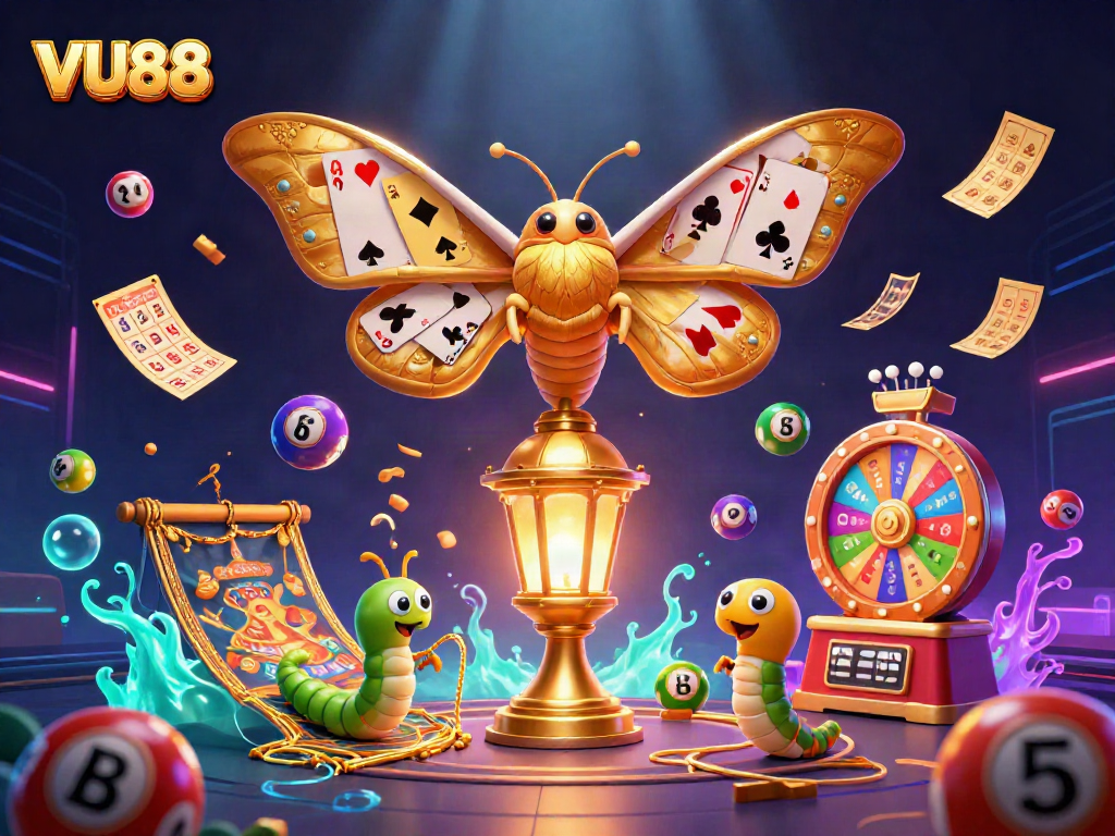 Play thrilling games at VU88 with vibrant casino-themed illustration featuring a golden moth.
