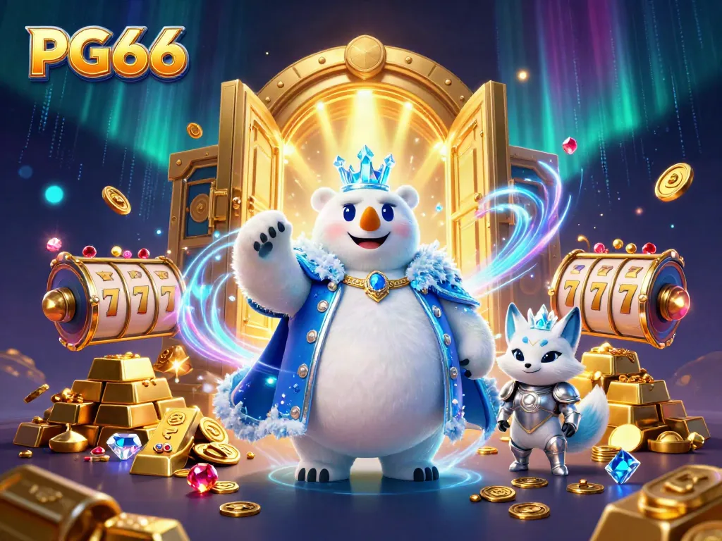 Experience thrilling casino action with PG66 as a colorful ice king and snow fox take center stage amidst treasures and jackpot symbols.