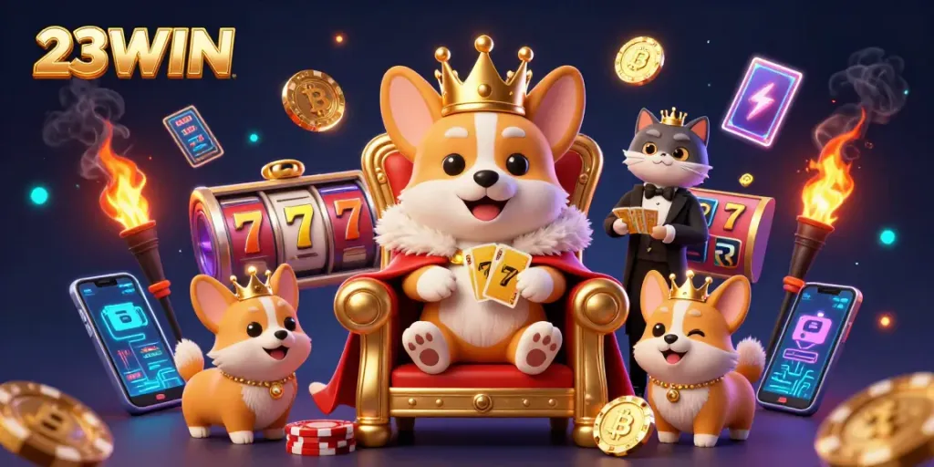 Get ready to win big at 23WIN with a royal corgi and crypto-themed casino illustration.