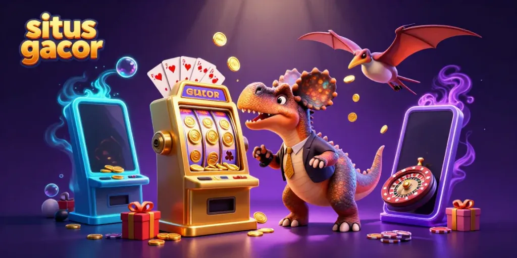 Visual menarik situs gacor dengan dinosaurus beraksi di mesin slot emas