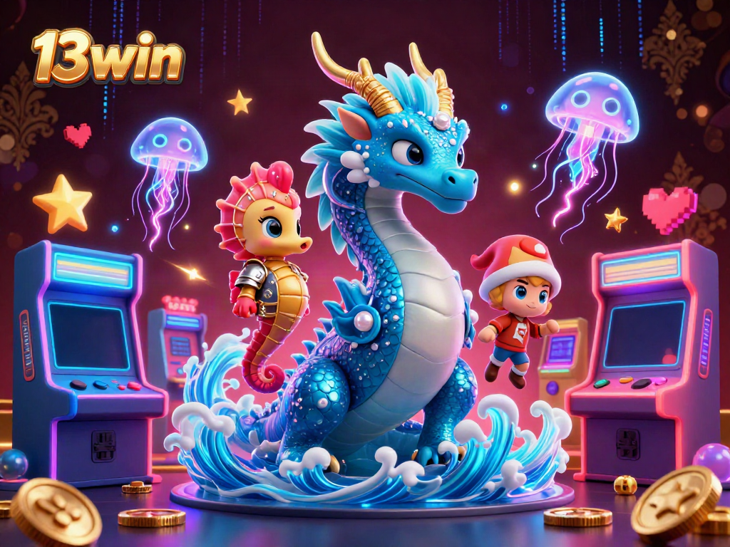 Engage with 13win's exhilarating offerings through a vibrant 3D illustration featuring a water dragon and gaming elements.