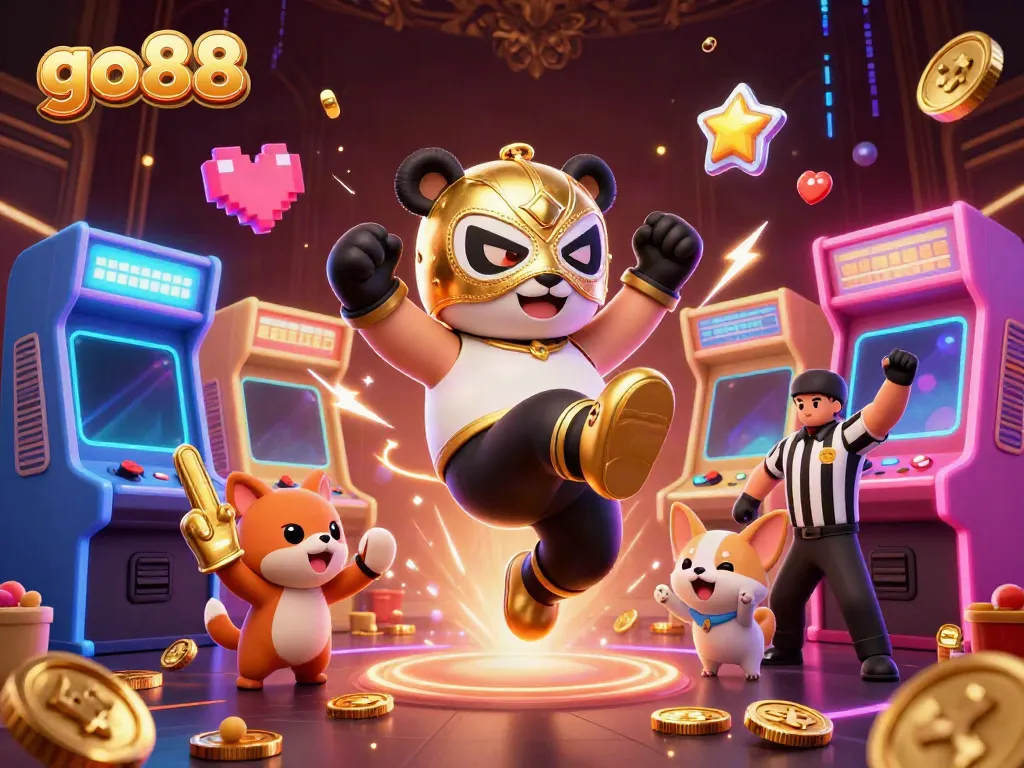 Experience the excitement of go88 gaming with a dynamic scene featuring a wrestling panda and vibrant casino elements.