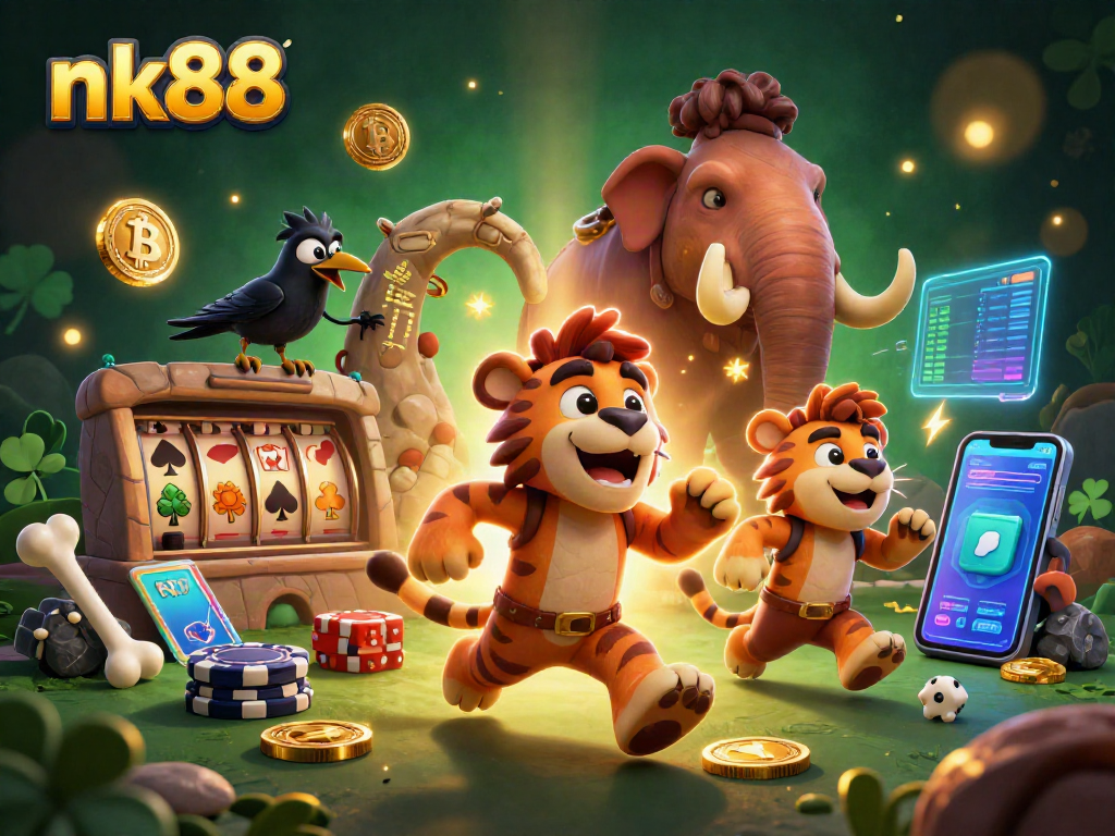 Engage in exciting gaming adventures at nk88 with vibrant casino elements and animated characters.