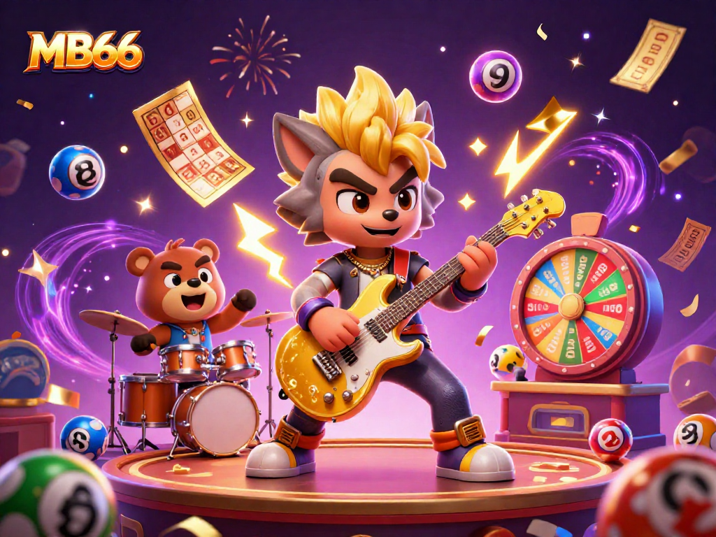 Experience the vibrant energy of MB66 with a rock star wolf and bear drummer in a thrilling casino scene.