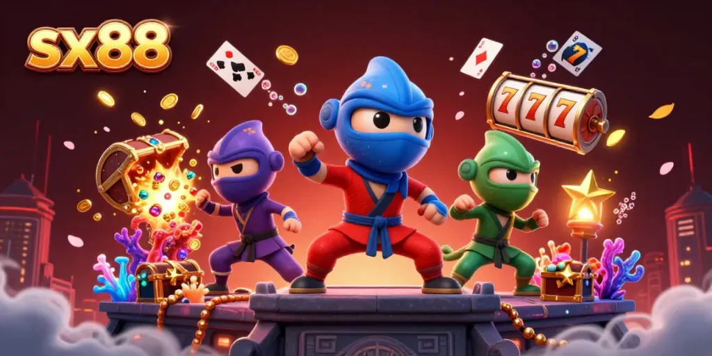 Experience thrilling spins in sx88 slots with three chameleons in battle poses, amidst exploding treasures.