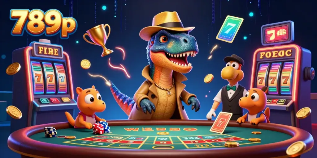 Experience thrilling gameplay at 789p with a cartoon velociraptor at a blackjack table