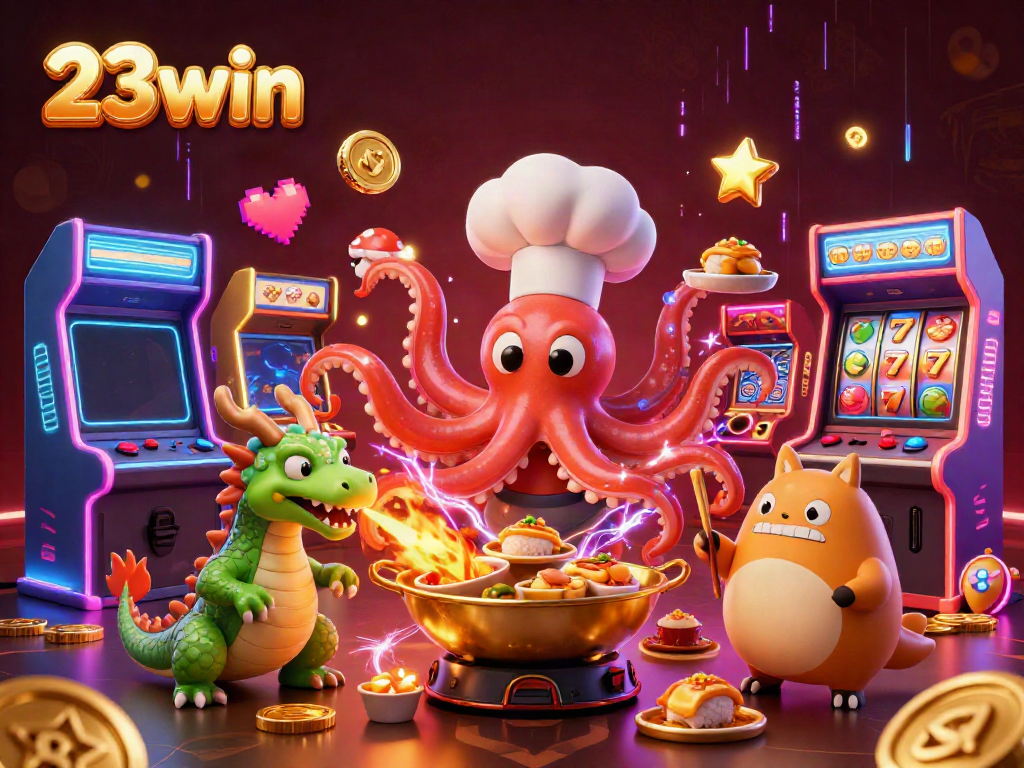 Enjoy exciting gaming action with 23win at this vibrant, lively 3D casino illustration.