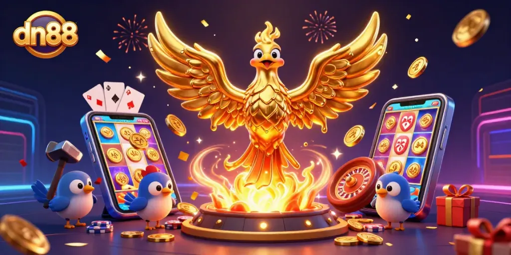 Engage with dn88's vibrant casino world featuring a molten phoenix amidst colorful gaming elements.