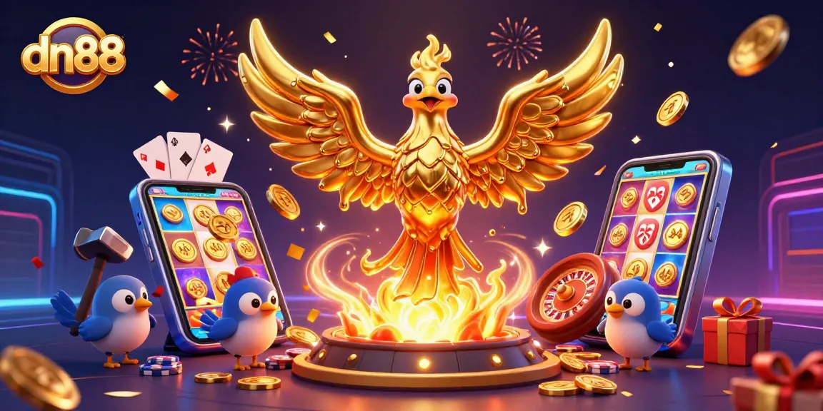 Engage with dn88's vibrant casino world featuring a molten phoenix amidst colorful gaming elements.