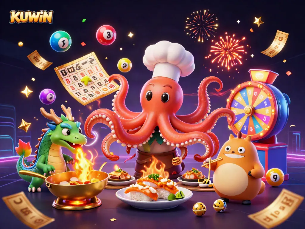 KUWIN engages players with dynamic lottery elements in this rich casino scene illustration.