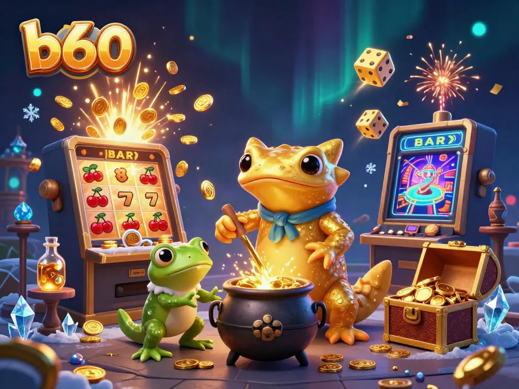 B60 showcases a fun, vibrant scene with a golden salamander alchemist, slot machine chaos, and a lively casino atmosphere.
