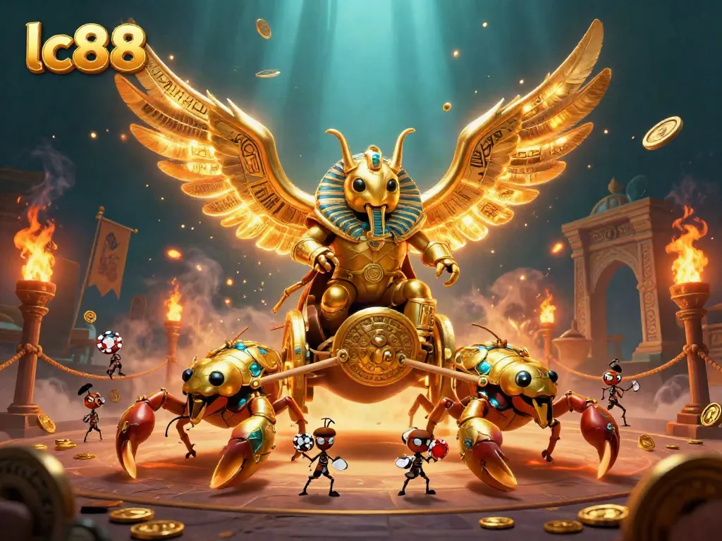 Engage with lc88's vibrant casino scene featuring a golden scarab beetle and scorpions in action.