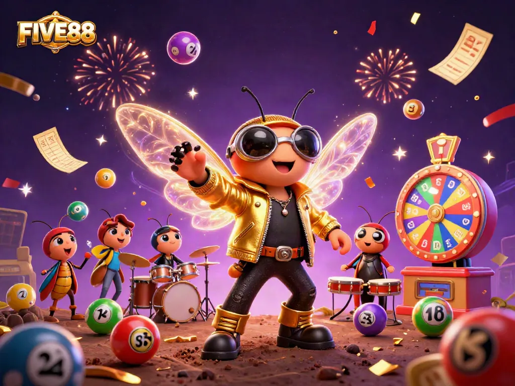 Experience the thrill of FIVE88 as vibrant lottery elements surround a captivating rock star illustration.