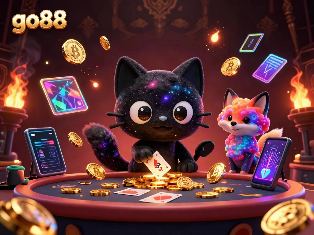 Engage with go88’s cosmic casino experience featuring a black hole cat and vibrant nebula fox.