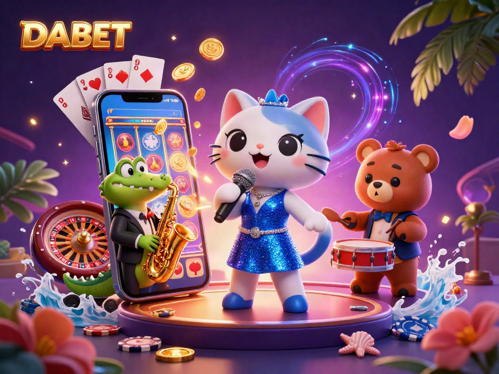 DABET casino adventure with a jazz-singer cat, saxophone crocodile, and drumming bear in a vibrant 3D illustration.