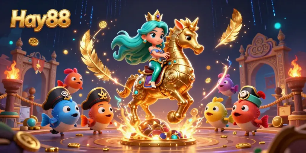 Experience thrilling gaming at Hay88 with our vibrant 3D mermaid princess and giant seahorse in action.
