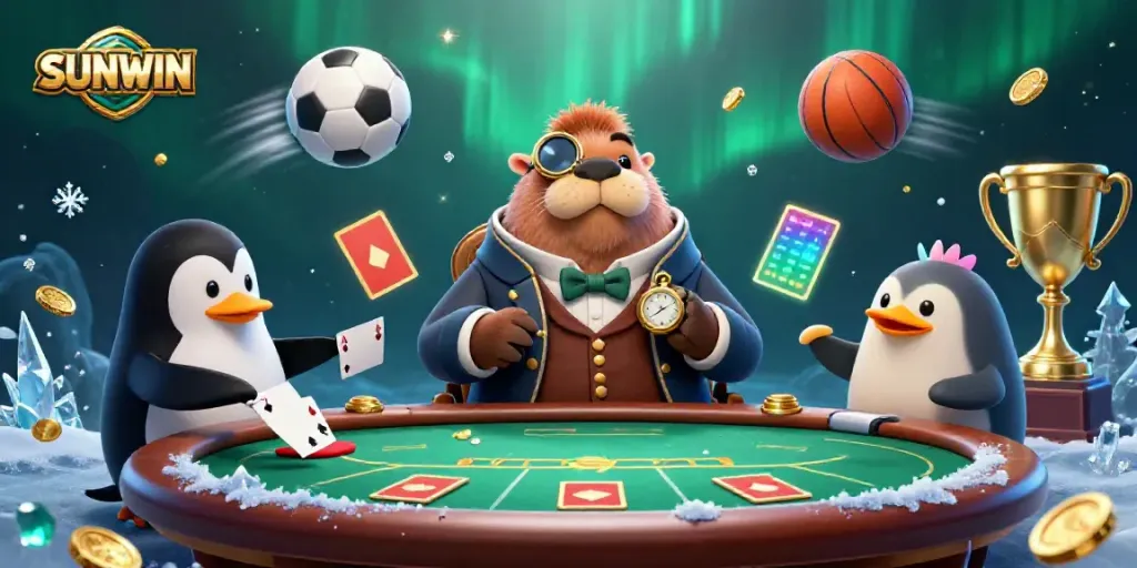 Experience dynamic sports betting action with SUNWIN at an underwater poker table featuring a jolly walrus, penguin dealer, and bluffing pufferfish.