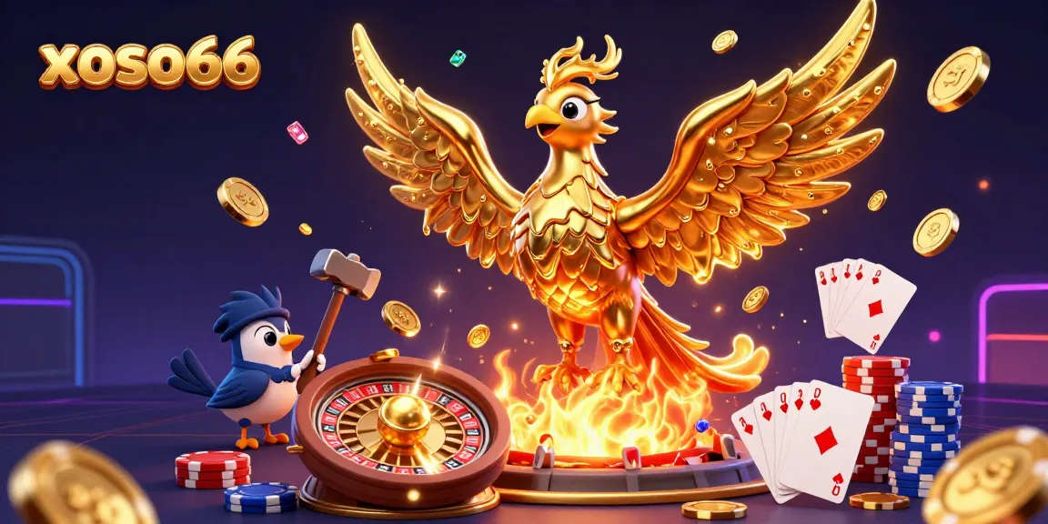 Experience the thrilling world of xoso66 with a golden phoenix emerging from a forge, surrounded by casino elements.