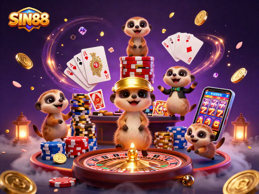 SIN88 meerkats orchestrating a vibrant casino scene with golden coins and a spinning roulette wheel.