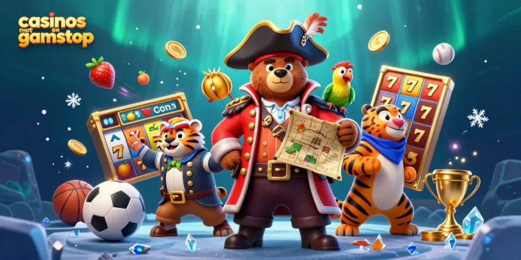 Experience excitement at casinos not on GamStop with a vibrant 3D digital illustration of casino elements and characters.