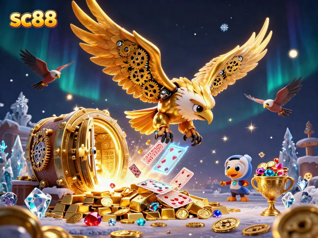 Experience exhilarating gameplay at SC88, highlighted by a dynamic scene with golden treasures and holographic cards.